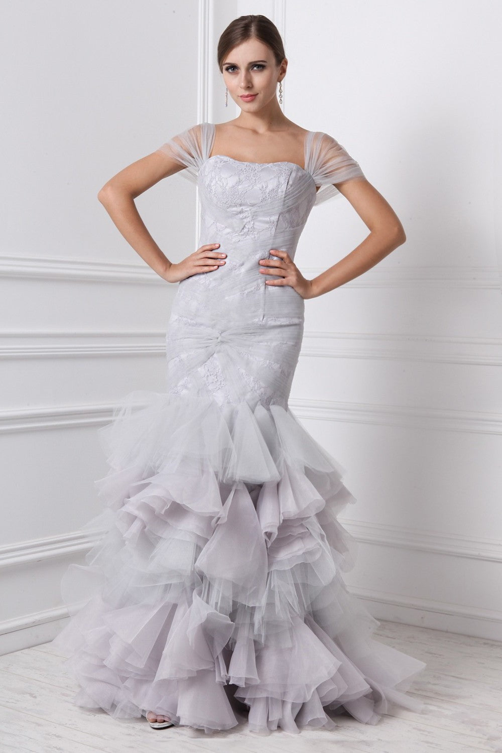 Straps Trumpet/Mermaid Sleeves Short Ruffles Long Organza Dresses