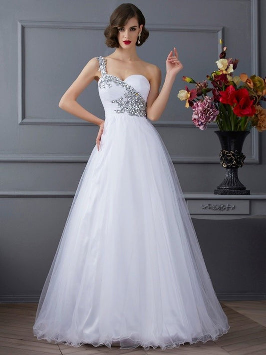 Beading Gown One-Shoulder Long Elastic Ball Woven Sleeveless Satin Quinceanera Dresses