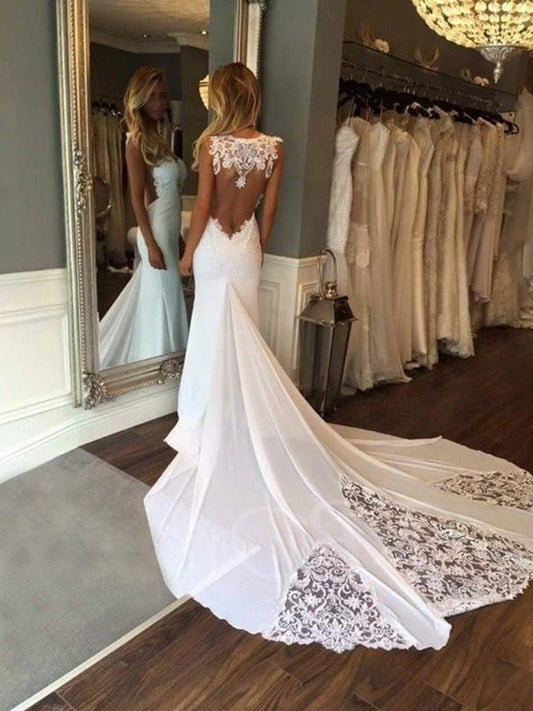 Sleeveless Cathedral Train Trumpet/Mermaid Applique Sweetheart Lace Wedding Dresses