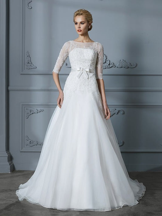 Sleeves 1/2 Court Train Lace A-Line/Princess Scoop Tulle Wedding Dresses