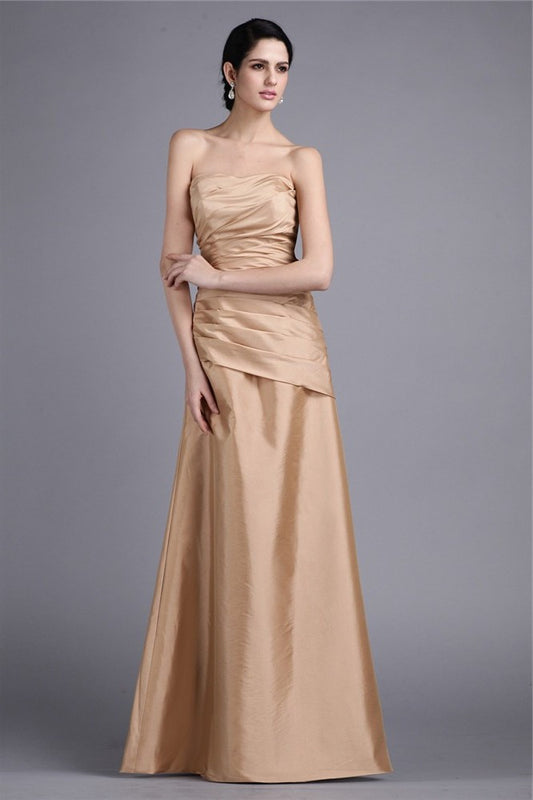 Pleats Strapless Sleeveless Sheath/Column Long Taffeta Dresses