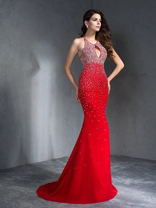 Sleeveless Beading Trumpet/Mermaid Halter Long Chiffon Dresses