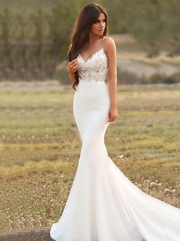 Trumpet/Mermaid Sleeveless Sweep/Brush Spaghetti Applique Straps Crepe Stretch Train Wedding Dresses