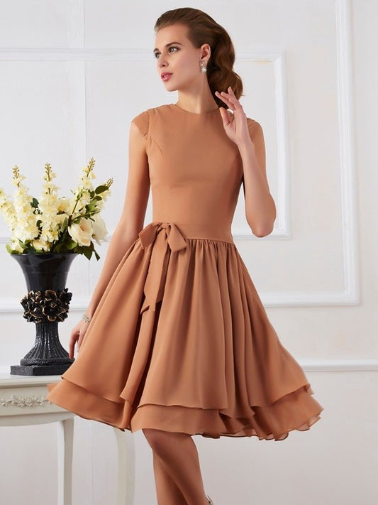 Sleeveless Sash/Ribbon/Belt Neck Short Sheath/Column High Chiffon Bridesmaid Dresses