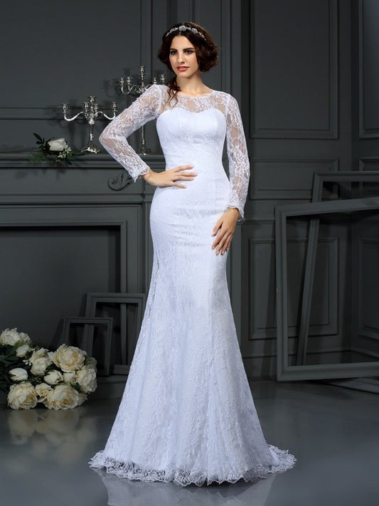 Sheath/Column Long Lace Long Scoop Sleeves Satin Wedding Dresses