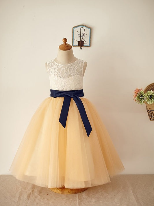 Sleeveless Tulle Lace Floor-Length A-Line/Princess Scoop Flower Girl Dresses