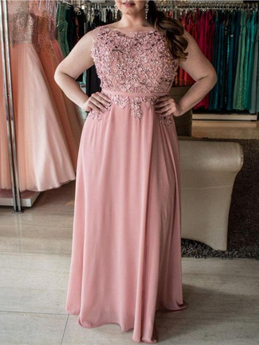 Floor-Length Bateau Beading A-Line/Princess Chiffon Sleeveless Plus Size Dresses