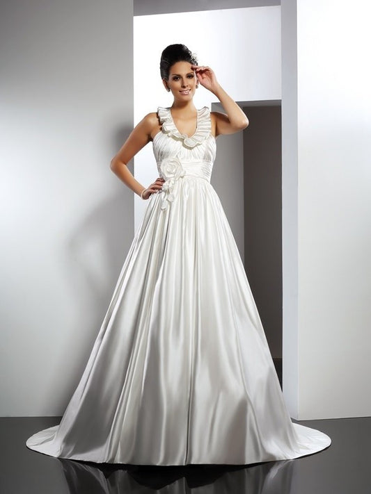 Flower Sleeveless A-Line/Princess Hand-Made Halter Long Satin Wedding Dresses