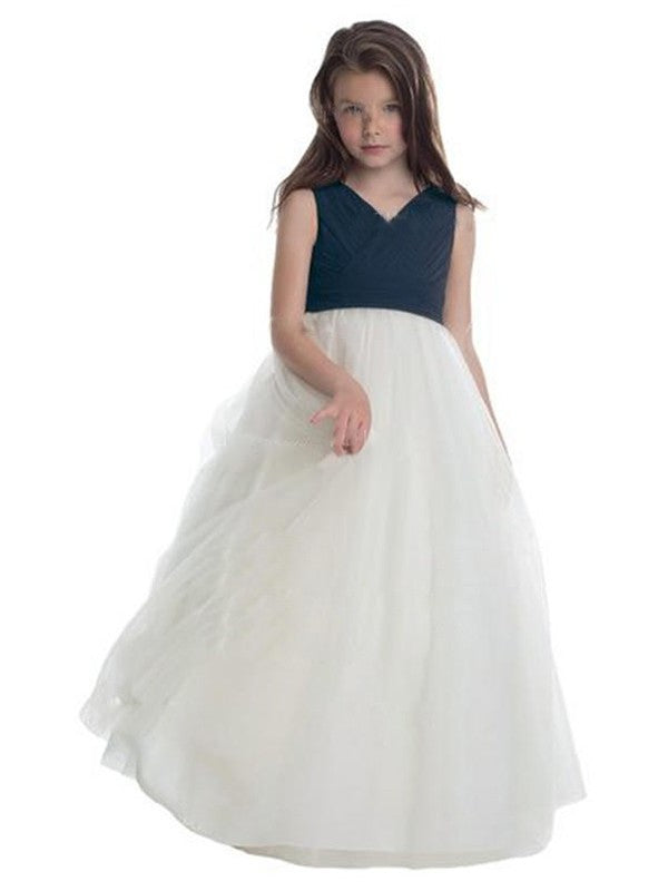 Sleeveless Floor-Length V-neck A-Line/Princess Ruched Tulle Flower Girl Dresses