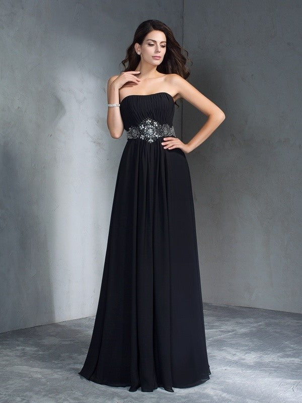 A-Line/Princess Beading Strapless Sleeveless Long Chiffon Dresses