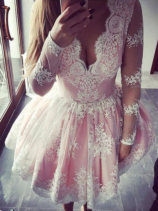 A-Line/Princess V-neck Long Sleeves Josephine Lace Homecoming Dresses Short/Mini Dresses