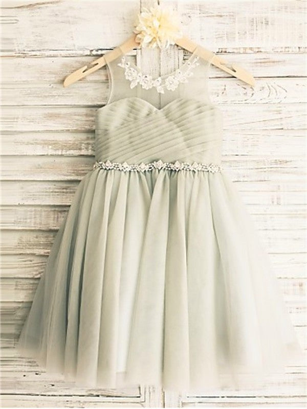 Tea-Length Beading A-line/Princess Scoop Sleeveless Tulle Flower Girl Dresses