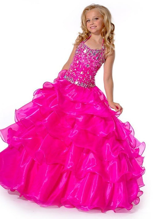 Gown Halter Rhinestone Organza Sleeveless Ball Long Flower Girl Dresses