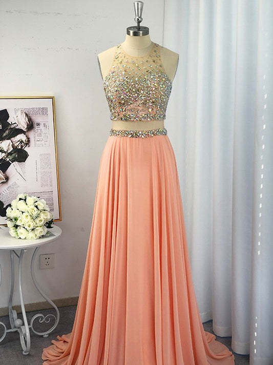 Sleeveless Chiffon A-Line/Princess Beading Scoop Sweep/Brush Train Dresses