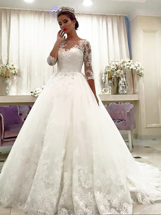 3/4 Ball Court Bateau Tulle Gown Lace Sleeves Train Wedding Dresses