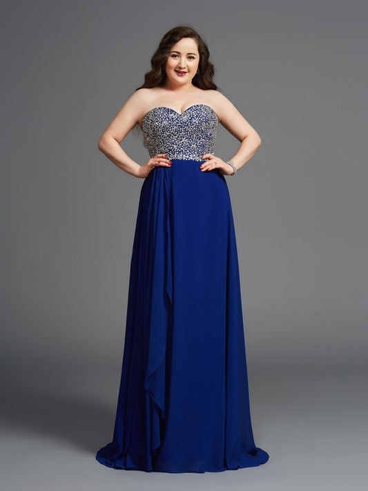 Sweetheart Long Rhinestone Sleeveless A-Line/Princess Chiffon Plus Size Dresses