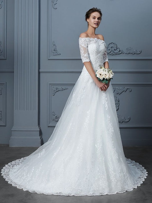 Gown Off-the-Shoulder Beading Sleeves Train 1/2 Court Ball Lace Wedding Dresses