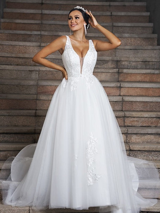 V-neck Tulle Sweep/Brush Applique Sleeveless A-Line/Princess Train Wedding Dresses