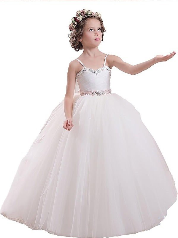 Spaghetti Sash/Ribbon/Belt Floor-Length Ball Gown Straps Tulle Sleeveless Flower Girl Dresses