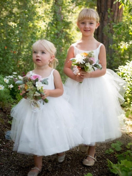 Tulle A-Line/Princess Bateau Tea-Length Ruffles Sleeveless Flower Girl Dresses