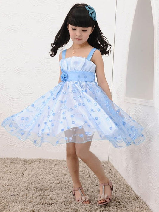 Sleeveless A-line/Princess Hand-made Flower Tulle Straps Short Flower Girl Dresses