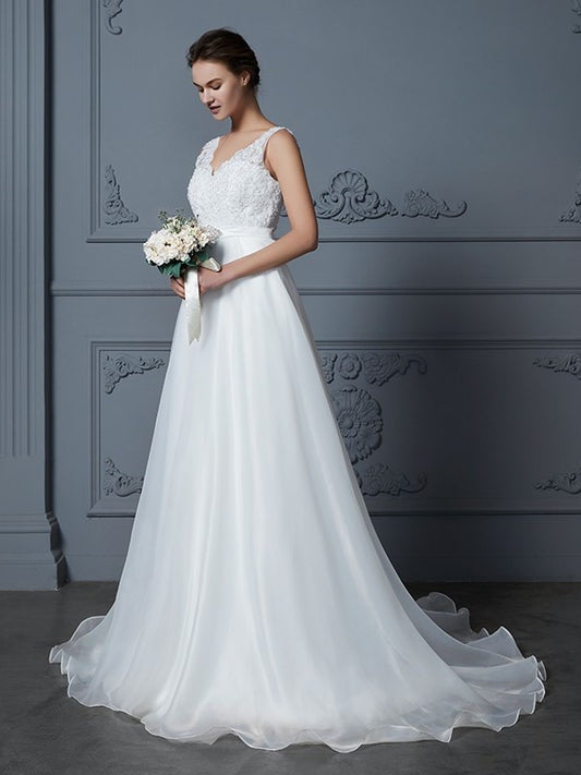 Lace V-neck Floor-Length A-Line/Princess Sleeveless Chiffon Wedding Dresses