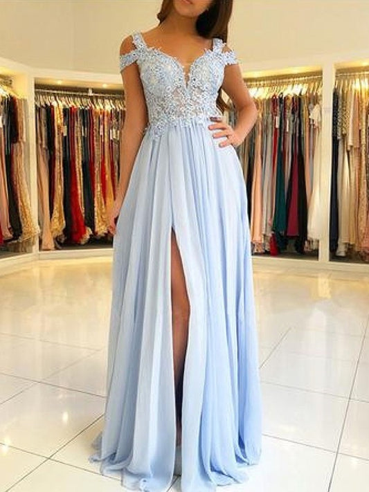 A-Line/Princess Off-the-Shoulder Floor-Length Sleeveless Applique Chiffon Dresses