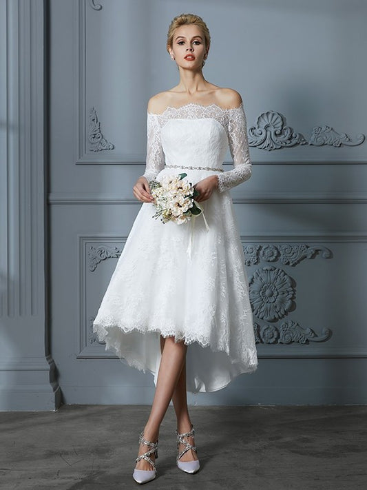 A-Line/Princess Long Off-the-Shoulder Asymmetrical Sleeves Lace Wedding Dresses