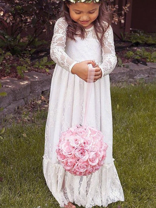 Sleeves Floor-Length A-Line/Princess Jewel Long Bowknot Lace Flower Girl Dresses