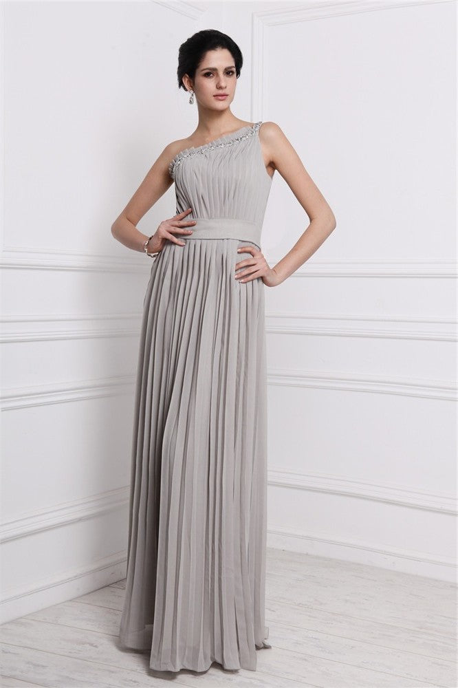 Sheath/Column Beading One-Shoulder Sleeveless Pleats Long Chiffon Dresses