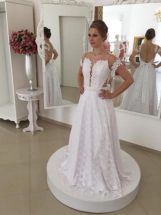 Train Scoop Short Sweep/Brush Lace A-Line/Princess Sleeves Wedding Dresses