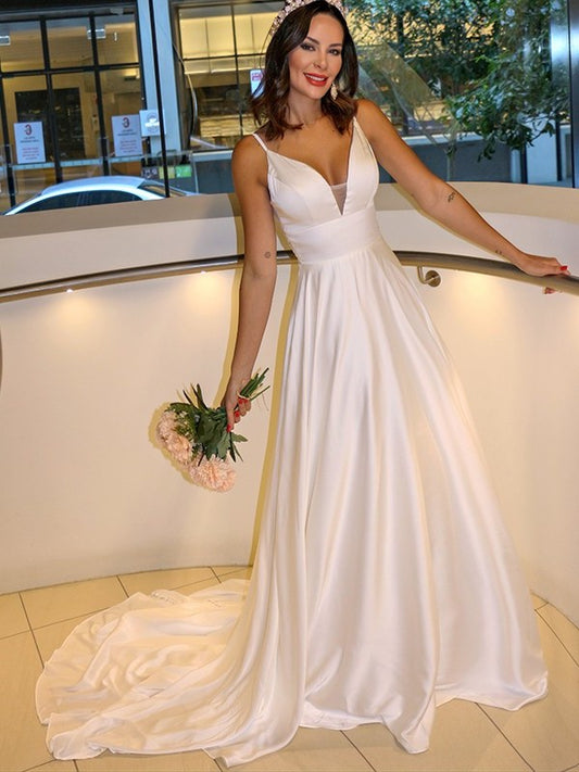 Sleeveless Sweep/Brush Ruffles Straps Spaghetti A-Line/Princess Charmeuse Train Wedding Dresses