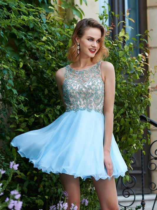 Sleeveless A-Line/Princess Scoop Chiffon Beading Short/Mini Dresses