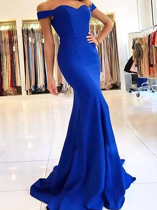 Sleeveless Trumpet/Mermaid Train Off-the-Shoulder Sweep/Brush Ruffles Satin Dresses