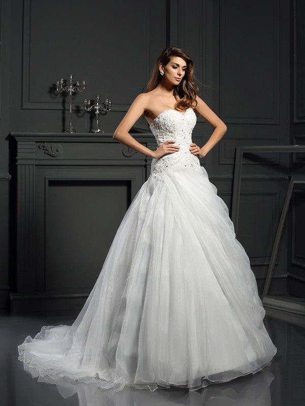 Ruffles Gown Long Sleeveless Ball Sweetheart Organza Wedding Dresses