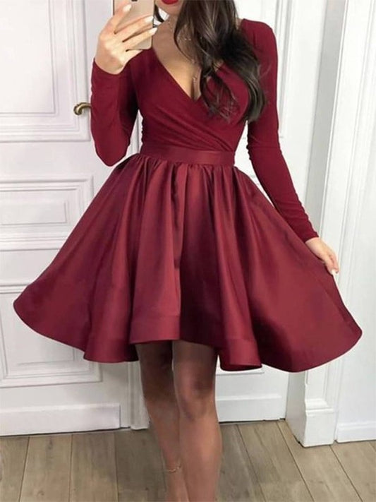 Long Sleeves Satin A-Line/Princess V-neck Ruffles Short/Mini Homecoming Dresses