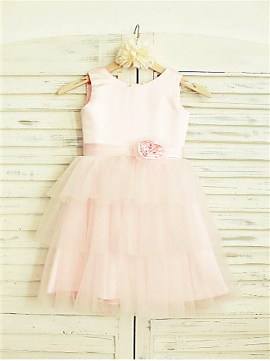 Scoop Sleeveless Hand-made Flower Tulle Tea-Length A-line/Princess Flower Girl Dresses