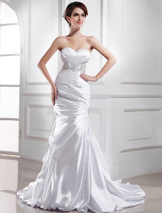 Elastic Beading Sweetheart Woven Sleeveless Trumpet/Mermaid Satin Wedding Dresses