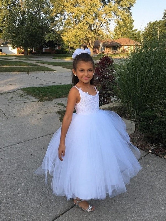 Lace Tulle Sleeveless Floor-Length Jewel Gown Ball Flower Girl Dresses