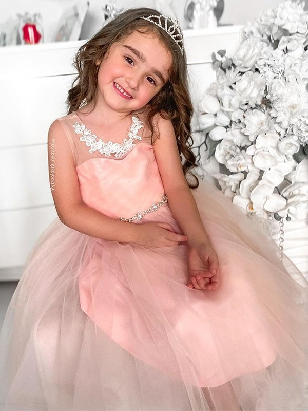 Tulle A-Line/Princess Scoop Tea-Length Sleeveless Beading Flower Girl Dresses