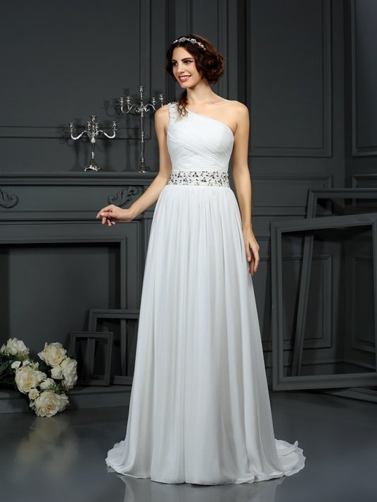 Sleeveless One-Shoulder A-Line/Princess Beading Long Chiffon Wedding Dresses