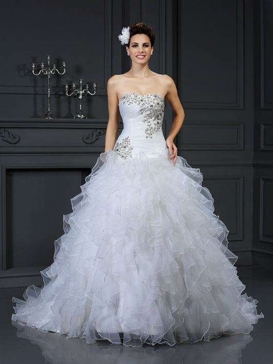 Strapless Beading Long Sleeveless Gown Ball Organza Wedding Dresses