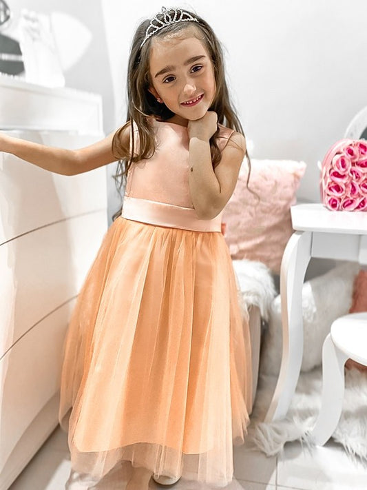 Tea-Length Bowknot Tulle Sleeveless Scoop A-Line/Princess Flower Girl Dresses