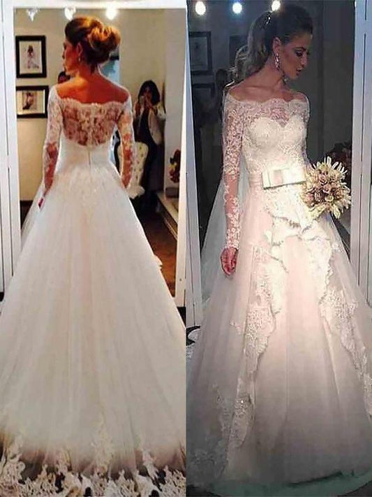 Sweep/Brush Long Gown Ball Off-the-Shoulder Tulle Sleeves Train Wedding Dresses