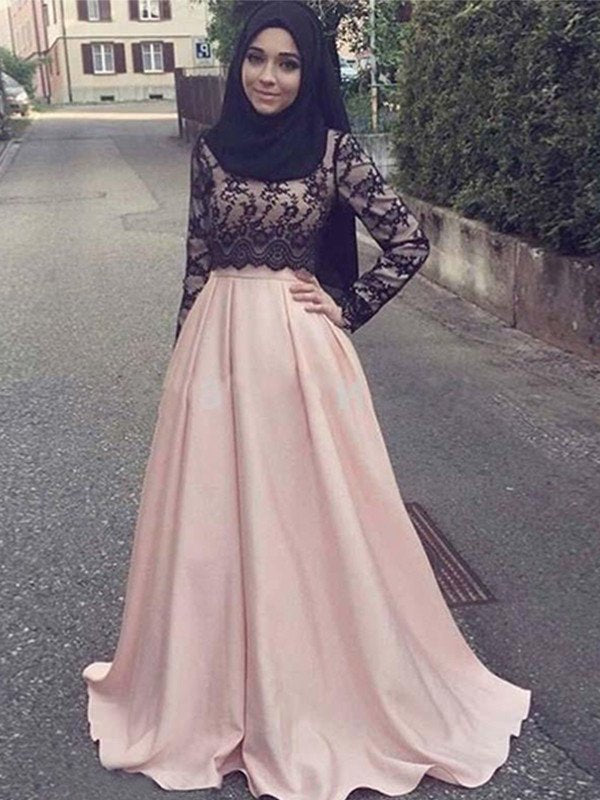 Sweep/Brush Train Applique A-Line/Princess Scoop Long Sleeves Satin Muslim Dresses