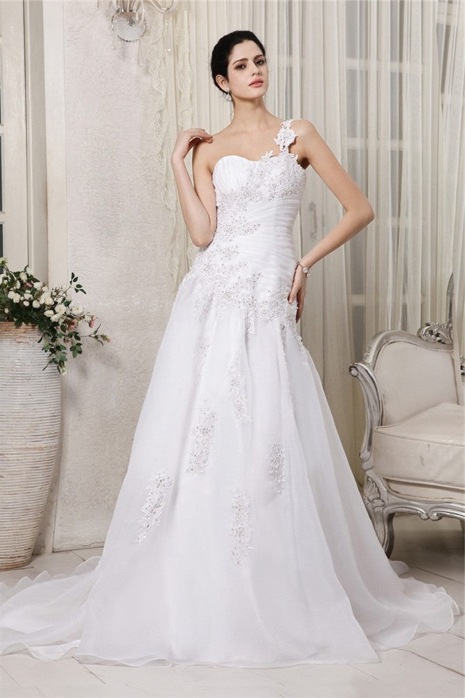 One-Shoulder Beading Sleeveless Applique Long A-Line/Princess Organza Wedding Dresses