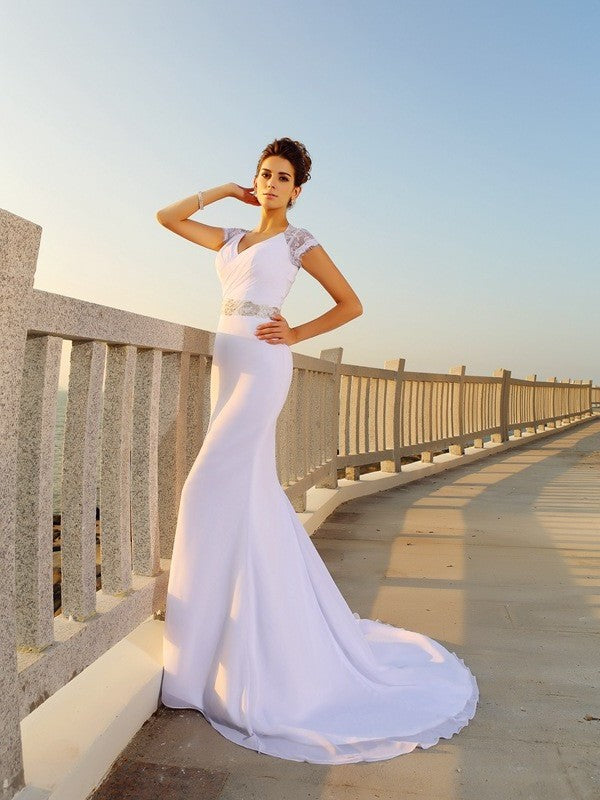 Sheath/Column Sleeveless Beading Chiffon Long V-neck Beach Wedding Dresses