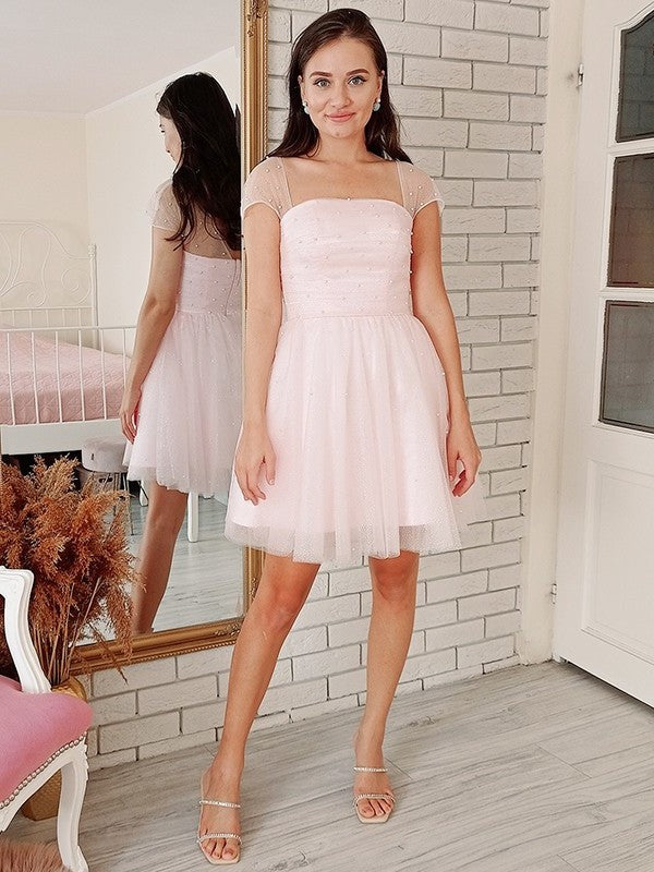 Strapless Short Tulle Beading A-Line/Princess Sleeves Short/Mini Dresses