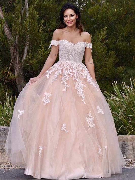 A-Line/Princess Tulle Off-the-Shoulder Applique Sleeveless Floor-Length Dresses