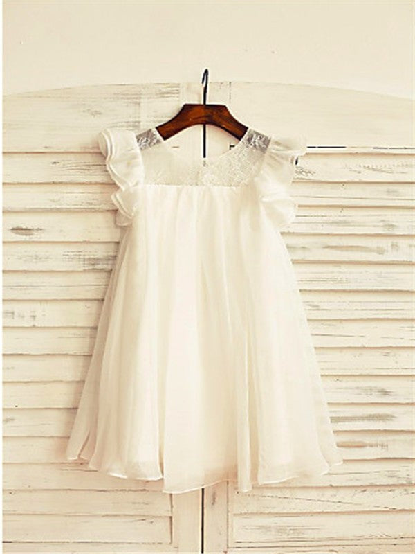 Chiffon Lace Scoop Short Tea-Length A-line/Princess Sleeves Flower Girl Dresses